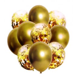 Set 10 baloane pentru petrecere auriu metalic cu confetti, 33 cm