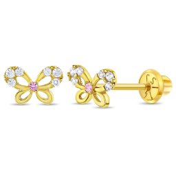 Cercei din Aur 14K pentru Copii, model Fluture cu Pietre CZ albe si roz, inchidere cu Filet si Protectie