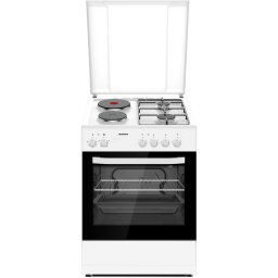 Aragaz mixt Heinner HFSC-S60E2HSWH, 2 arzatoare gaz + 2 plite electrice, aprindere electrica arzatoare, cuptor electric, clasa A, grill, 60x60 cm, Alb