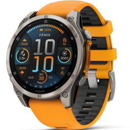 Ceas Smartwatch Garmin Fenix 8 Amoled Sapphire, 51 mm, GPS, Titan, Spark Orange/Graphite Silicone Band
