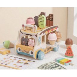 Stand mobil din lemn Ice Cream Shop cu inghetata stivuibila si accesorii, +3 ani