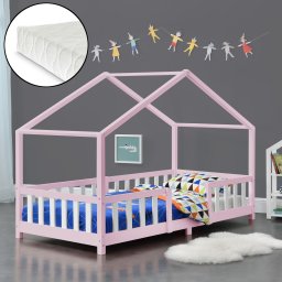 Pat copii tip casuta Treviolo 90x200 cm cu saltea si protectie, roz/alb