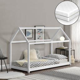 Pat pentru copii tip casuta 80x160 cm alb, cu saltea inclusa