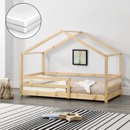 Pat copii tip casuta 80x160 cm cu protectie, somiera si saltea