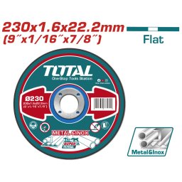 Disc debitare metal si inox TOTAL 230 mm, 1.6 mm, centru plat