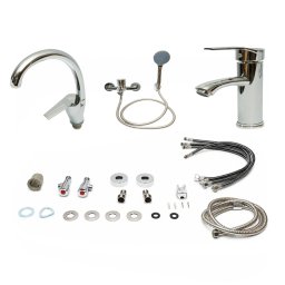 Set baterii baie si bucatarie 3 in 1, monocomanda, crom lucios