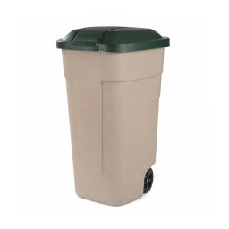Cos de gunoi exterior Curver din plastic, 110 L, cu roti, bej-verde