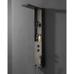 Panel de dus multifunctional Gun Metal 140 cm din inox, cu para fixa tip ploaie, dus de mana si rafturi integrate -5904589318950
