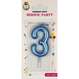 Lumanare tort cifra 3 albastru metalic 6 cm