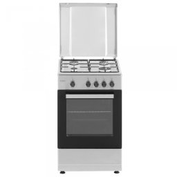 Aragaz SM450BXS, 4 arzatoare, cuptor pe gaz 49 litri, latime 50 cm, dispozitiv siguranta plita si cuptor, capac metalic, geam dublu la cuptor, maner usa cuptor din aluminiu, argintiu