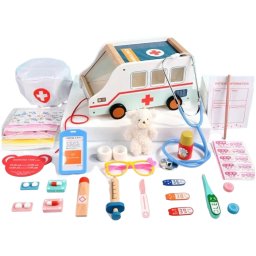 Set medical din lemn Ambulance Doctor cu masinuta de tras, ursulet si 29 piese, +3 ani