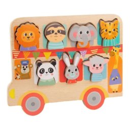 Puzzle incastru si snuruit din lemn Autobuzul cu animale, 7 figurine 3D, Montessori, +18 luni