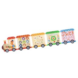 Panou senzorial educativ de perete, din lemn Trenulet Busy Board Montessori, 147 cm