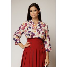 Bluza eleganta din voal cu imprimeuri mov cu volanas si brosa la decolteu
