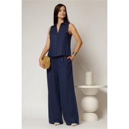 Compleu bleumarin din in cu vesta si pantaloni evazati