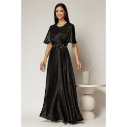Rochie lunga neagra de seara din voal cu accesoriu in talie