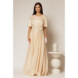 Rochie lunga bej de seara din voal cu accesoriu in talie