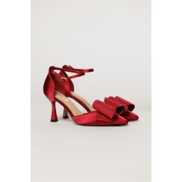 Pantofi eleganti bordo din material satinat cu funda maxi stralucitoare