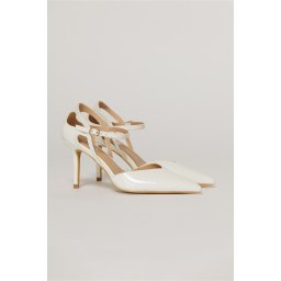 Pantofi eleganti albi aspect lucios cu bareta si decupaj lateral