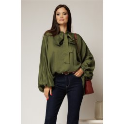 Camasa verde olive din tencel cu maneca ampla si guler tip esarfa
