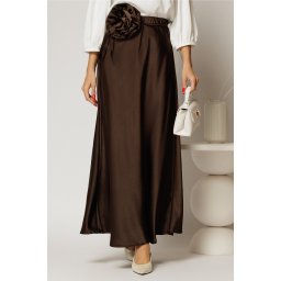 Fusta lunga maro din satin cu cordon floral voluminos