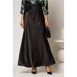 Fusta lunga neagra din satin cu cordon floral voluminos