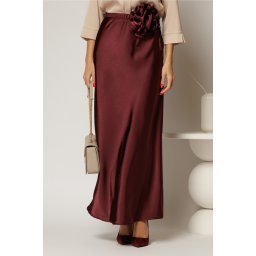 Fusta lunga bordo din satin cu cordon floral voluminos