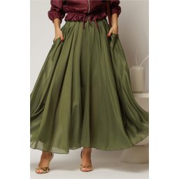 Fusta midi verde olive clos din tencel casual eleganta