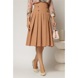 Fusta DY Fashion midi maro camel cu pliuri si nasturi decorativi