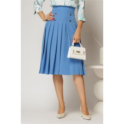 Fusta DY Fashion midi bleu cu pliuri si nasturi decorativi