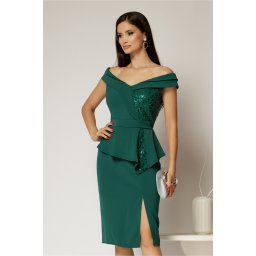 Rochie Roberta verde de ocazie cu peplum si paiete