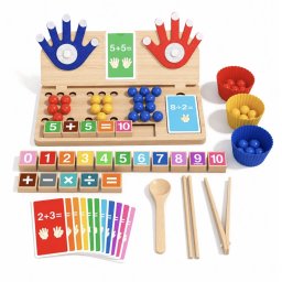 Joc Montessori din lemn 4 in 1 matematica, numarat pe degete, sortare culori si motricitate, +3 ani