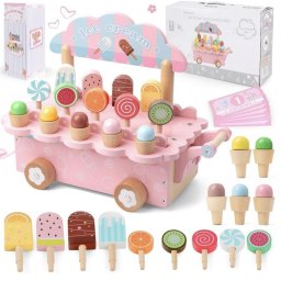 Carucior din lemn Gelaterie Ice Cream Cart cu accesorii magnetice si copertina, roz, +3 ani