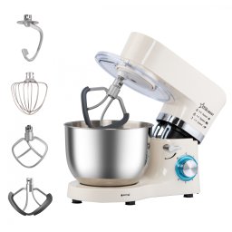 Robot de bucatarie STARCREST SKM-1500CR, 1500W, Bol 5.5 L Inox, 5 Accesorii, 6 Viteze + Pulse, Angrenaje metalice, Crem + Inox