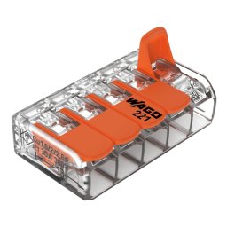 Conector derivație cu pârghii 5 poli, max. 6 mm², 450V/41A, set 15 buc., WAGO 221-615