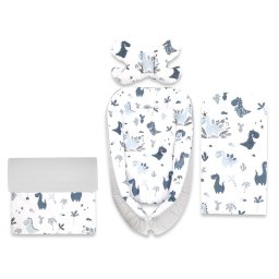 Set 4 in 1 cosulet bebelus, miminu, baby cocoon 75x55 cm, husa bumbac, din bumbac certificat oeko tex standard 100, cu paturica 50x70 cm, cu salteluta, cu perna fluture, dino granat