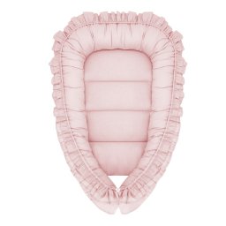 Cosulet bebelus, miminu, pentru dormit, baby nest 55 x 75 cm, cu volanase, husa 100% bumbac, din bumbac certificat oeko tex standard 100, colectia royal, powder pink