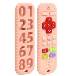 Jucarie gingivala senzoriala pentru bebelusi tip telecomanda din silicon, Dinozaur Roz