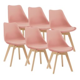 Set 6 scaune dining roz cu sezut tapitat si picioare din lemn