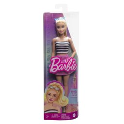 Papusa Barbie Fashionistas blonda cu coada, fusta roz si top in dungi