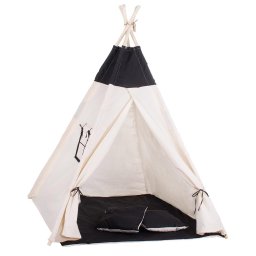 Cort teepee copii Sersimo cu fereastra, saltea groasa si 2 perne, alb-negru