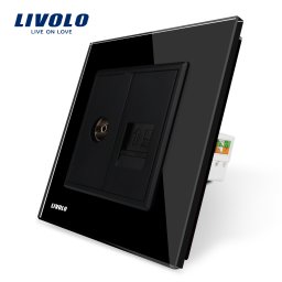 Priza dubla TV si internet Livolo, negru, cu rama din sticla