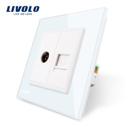 Priza TV si internet Livolo alba, cu rama din sticla Crystal