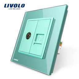 Priza dubla TV si internet Livolo verde cu rama din sticla