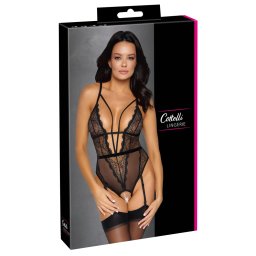 Cottelli Lingerie Body Tanga Pear cu Dantelă și Plasă Elastică Transparentă - Negru , XL
