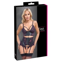 Cottelli Lingerie Corset Tip Basque Negru cu Dantelă Mov și Tanga - Negru , XL