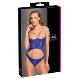 Cottelli Lingerie Corset Albastru Royal cu Dantelă Wetlook și Tanga - Albastru , XL