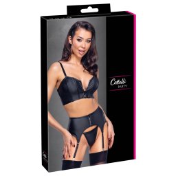 Cottelli Party Set 3 Piese Top Corset Portjartier și Tanga cu Fermoare - Negru , XL