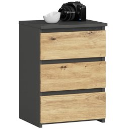 Noptiera cu 3 sertare, PAL laminat, gri si stejar artisan, 40x35x57 cm