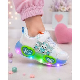 Pantofi sport cu luminite, Model Iepurasi, Piele ecologica, Fete, Alb